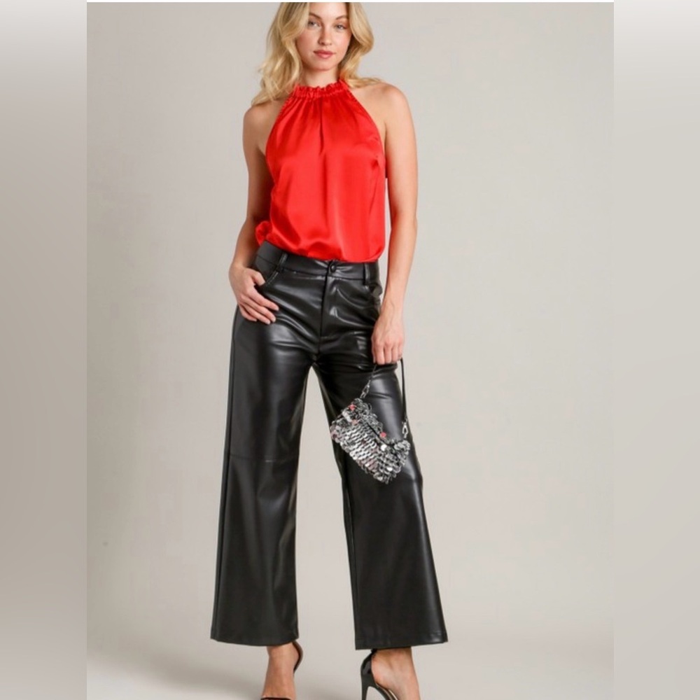 Elegant Black Faux Leather Wide-Leg Pants
